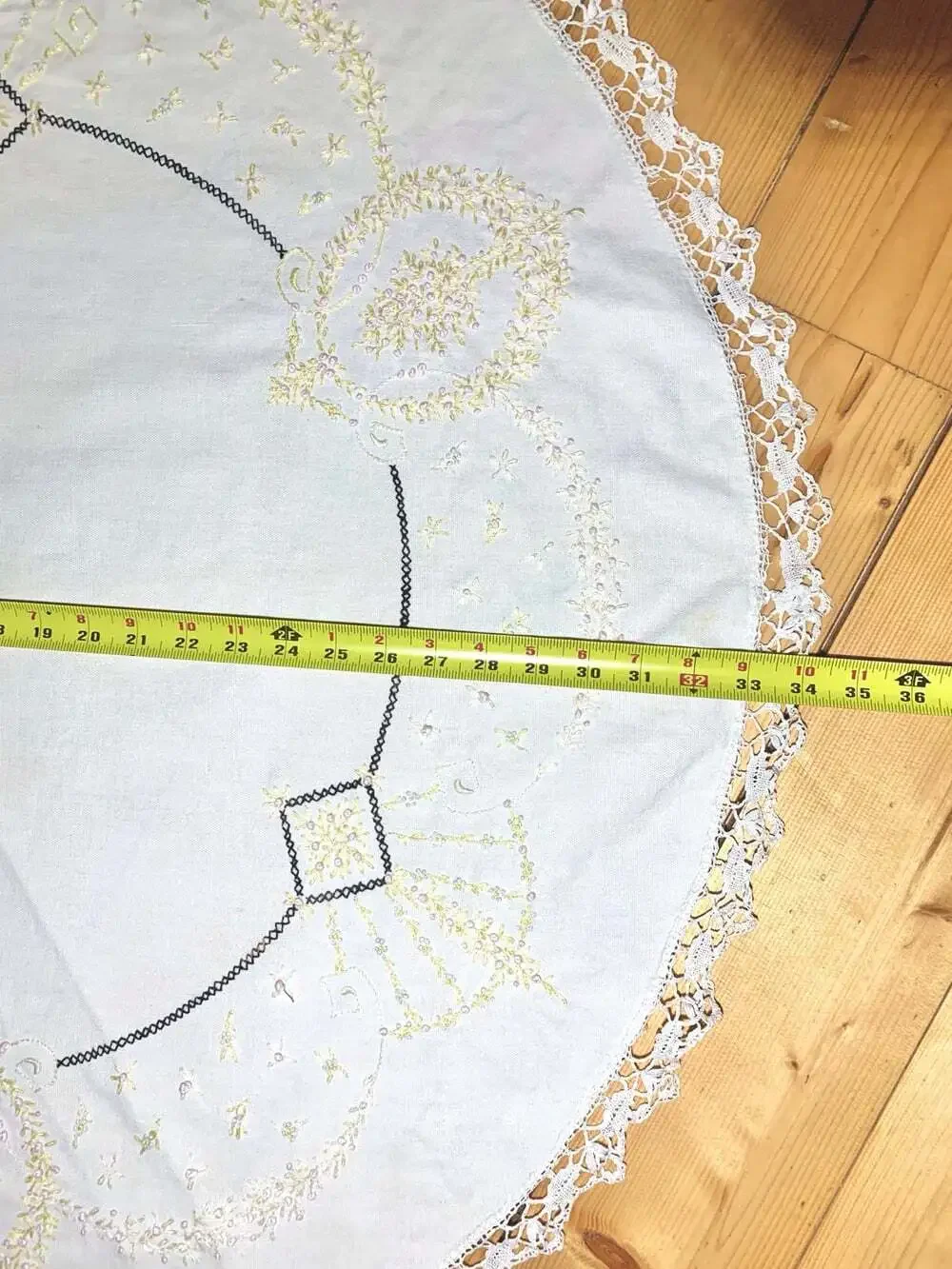 Embroidered Crochet Round  small table cloth vintage handmade beige yellow pink